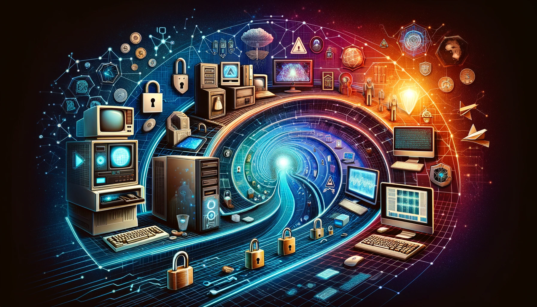 Cybersecurity evolution timeline showing the progression of security measures against evolving cyber threats.